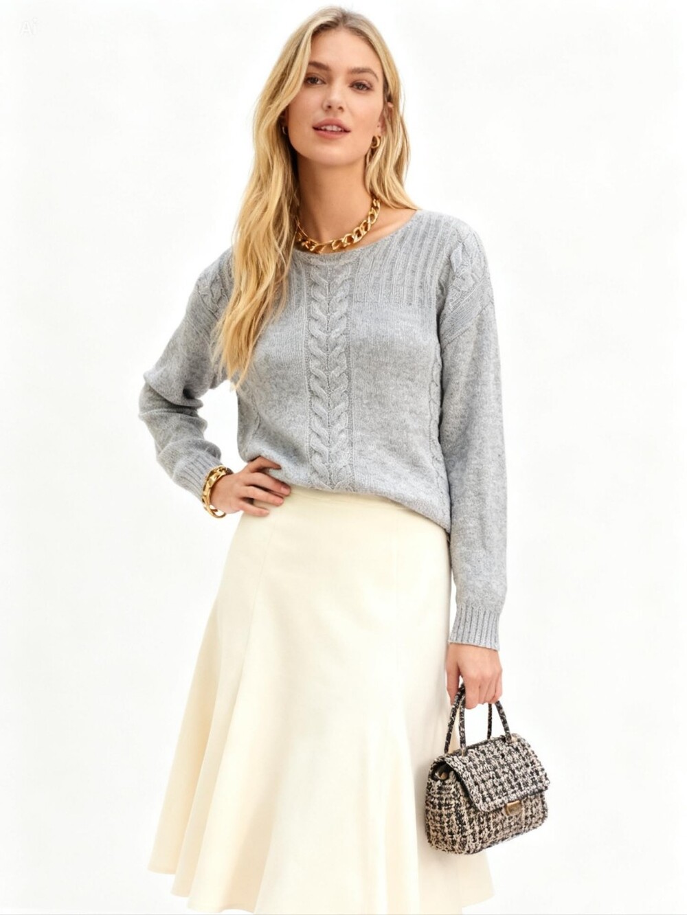 Marled Cashmere Chunky-Knit Boat-Neck Sweater Size M